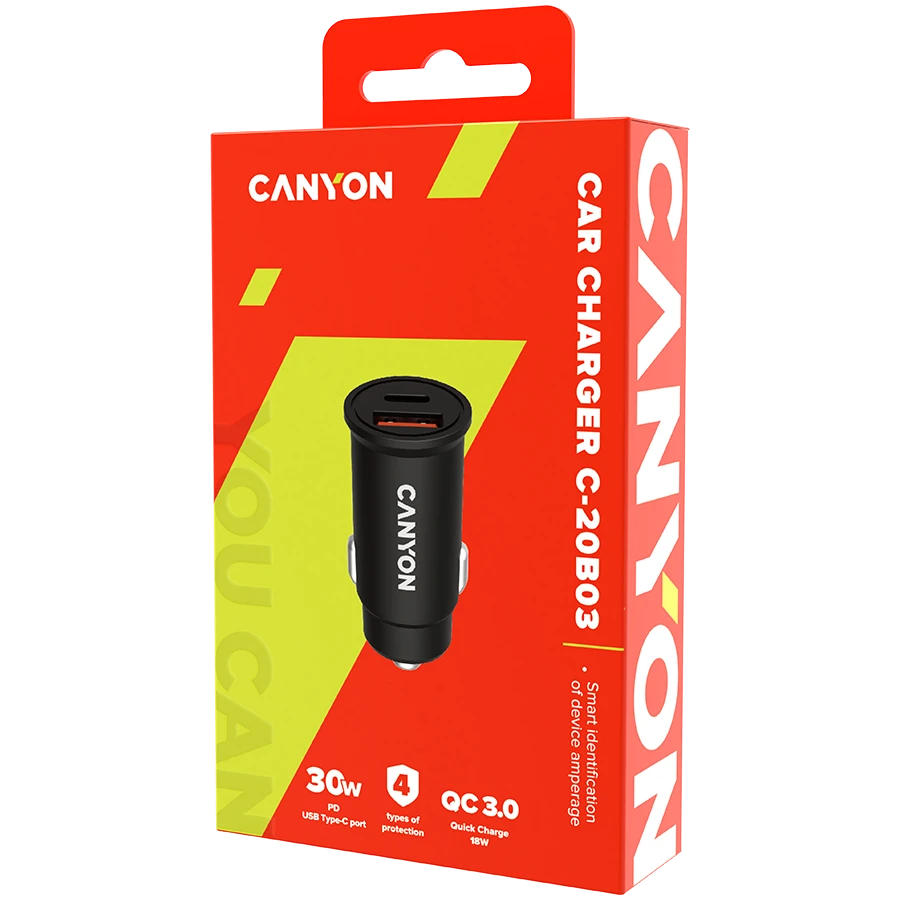 CANYON C-20B03, PD 30W/QC3.0 18W Kišeninis automobilinis įkroviklis su 1-USB A+ 1-USB-C įvestis: DC12V-24V, Išvestis: USBC: PD30W( 5V3A/9V3A/12V2.5A/15V2.5A/15V.3.0. 18W (5V3A