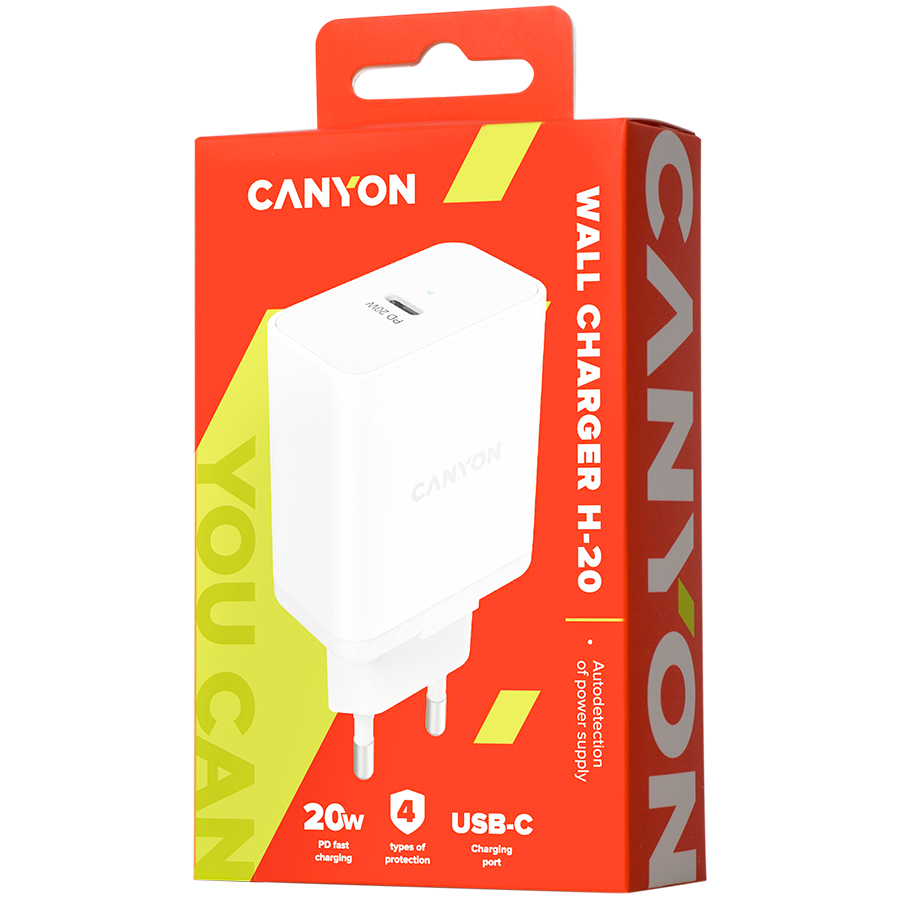 Canyon, PD sieninis įkroviklis, įėjimas: 110V-240V, išėjimas: PD 20W, Eu kištukas, apsauga nuo perkrovos, perkaitimo, per didelės srovės ir trumpojo jungimo Atitinka CE RoHs, ERP. Dydis: 89*46*26,5mm, 52g, Baltas