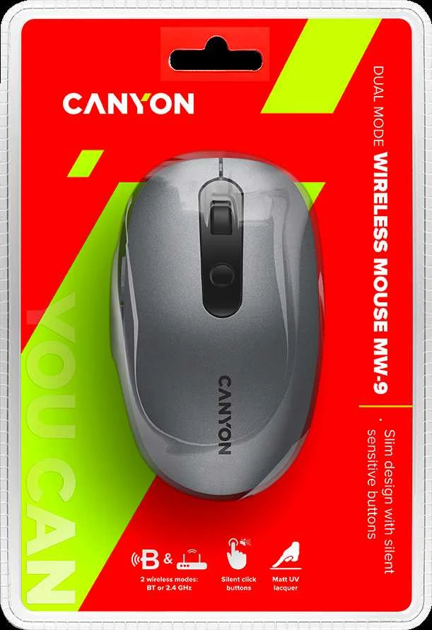 CANYON MW-9, 2 in 1 Optinė belaidė pelė 6 mygtukai, DPI 800/1000/1200/1500, 2 mode(BT/ 2.4GHz), Baterija AA*1pcs, Pilkas, 65.4*112.25*32.3mm, 0.092kg