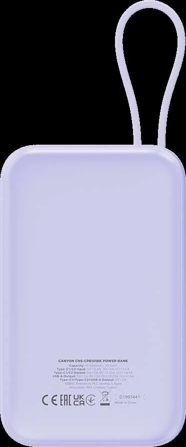 CANYON maitinimo blokas OnPower 101 įmontuotas kabelis 10000 mAh PD22.5W Violetinė