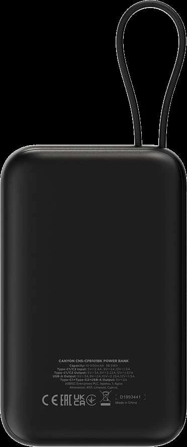 CANYON maitinimo blokas OnPower 101 įmontuotas kabelis 10000 mAh PD22.5W juodas