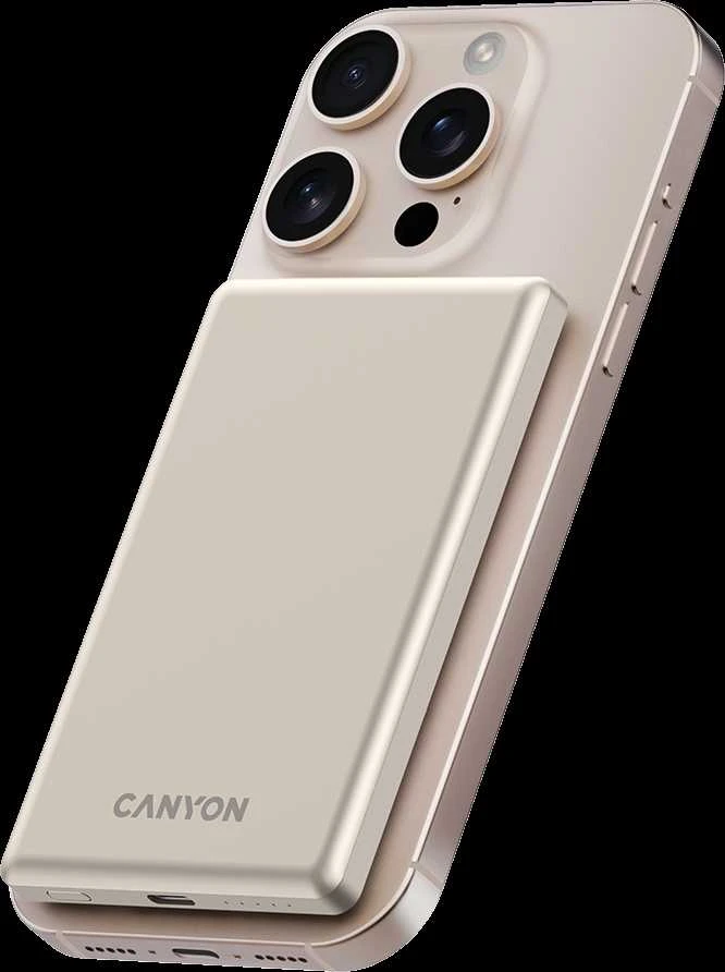CANYON išorinė baterija OnPower 505 plonas magnetinis 5000 mAh PD20W smėlio spalvos