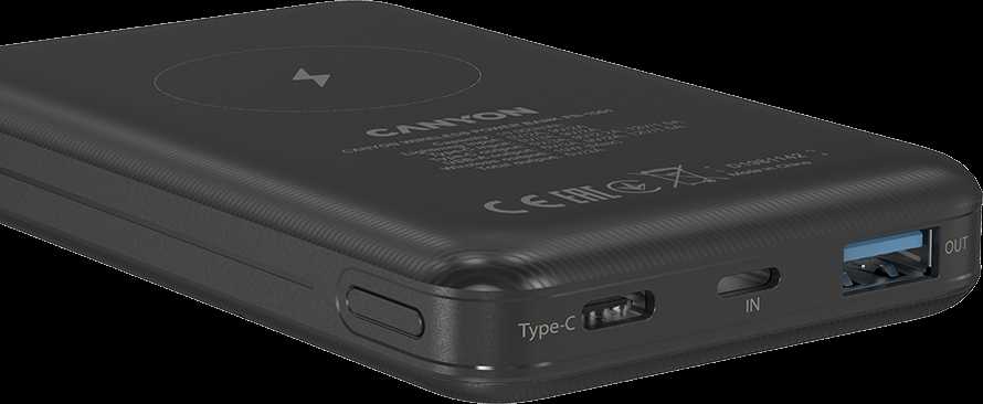 CANYON maitinimo blokas PB-1001 10000 mAh PD 18W QC 3.0 Wireless 10W Juodas
