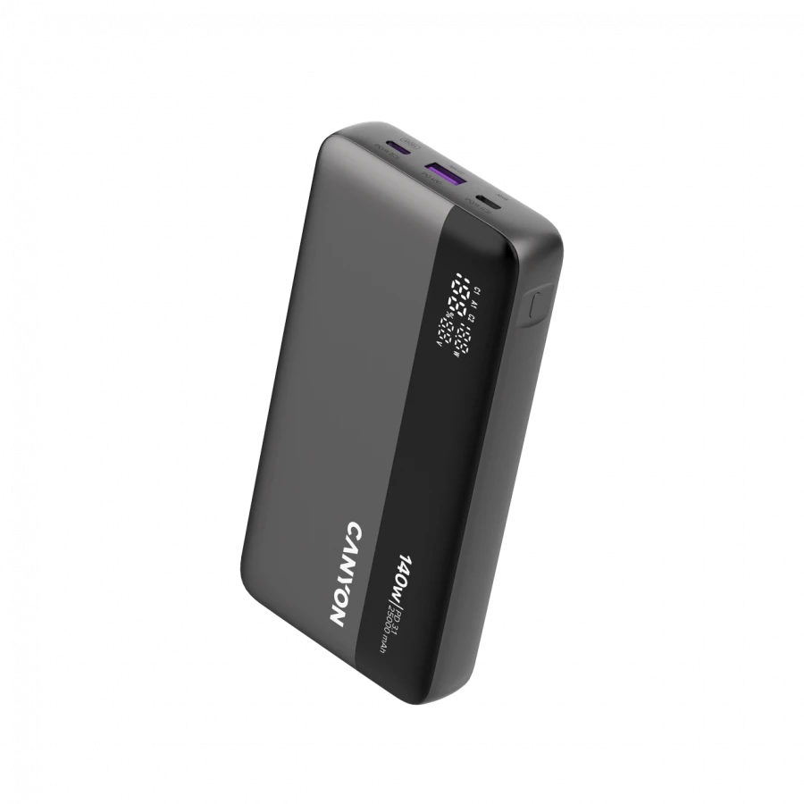 CANYON išorinė baterija PB-240, 25000mAh PD140W, su ekranu, matmenys 160,0 x 82 x 27 mm, svoris 508+-10 g, tamsiai pilka spalva
