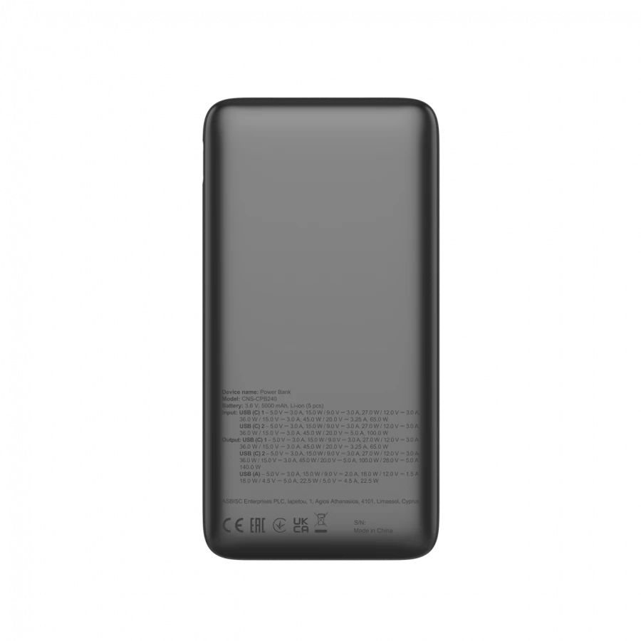 CANYON išorinė baterija PB-240, 25000mAh PD140W, su ekranu, matmenys 160,0 x 82 x 27 mm, svoris 508+-10 g, tamsiai pilka spalva