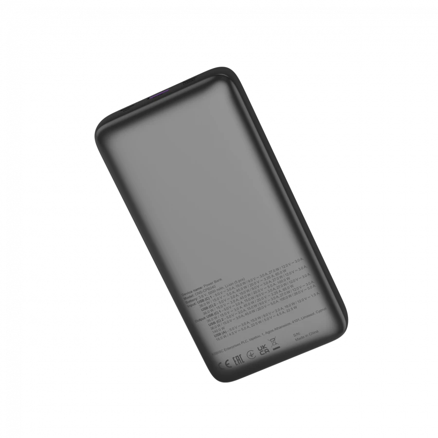 CANYON išorinė baterija PB-240, 25000mAh PD140W, su ekranu, matmenys 160,0 x 82 x 27 mm, svoris 508+-10 g, tamsiai pilka spalva