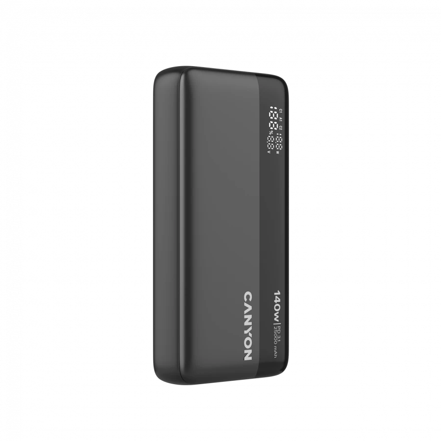 CANYON išorinė baterija PB-240, 25000mAh PD140W, su ekranu, matmenys 160,0 x 82 x 27 mm, svoris 508+-10 g, tamsiai pilka spalva
