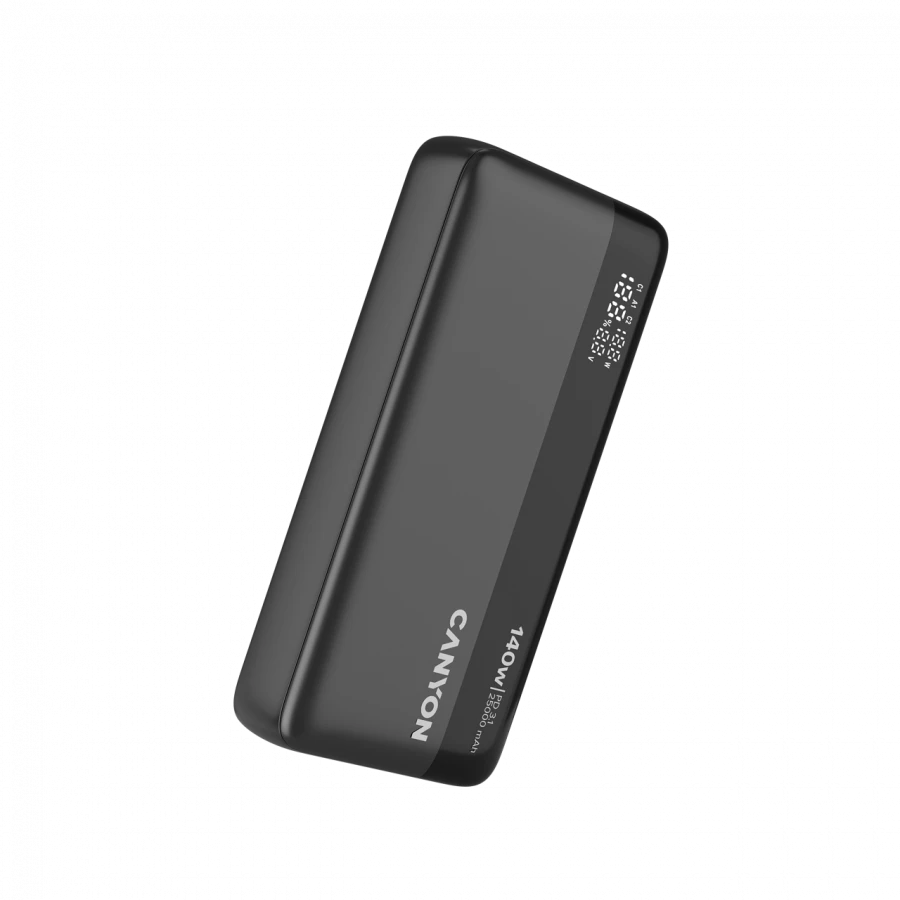 CANYON išorinė baterija PB-240, 25000mAh PD140W, su ekranu, matmenys 160,0 x 82 x 27 mm, svoris 508+-10 g, tamsiai pilka spalva