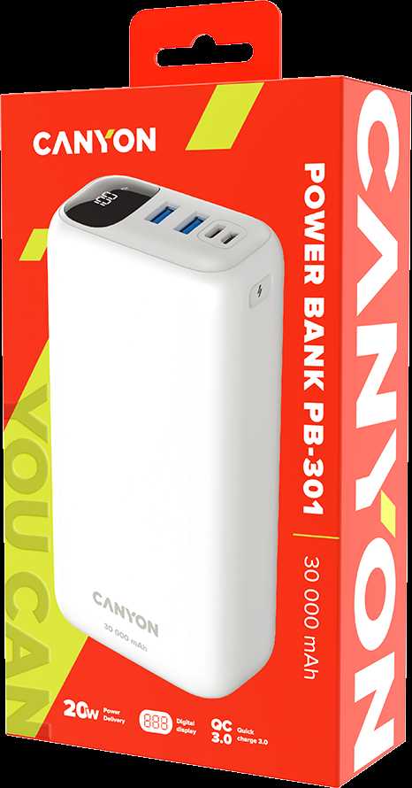 CANYON maitinimo blokas PB-301 LED 30000 mAh PD 20W QC 3.0 baltas