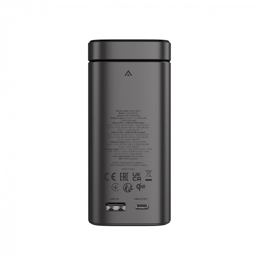 CANYON Qi2 magnetic power bank OnPower 150 15000mAh Aliuminio Dark pilkas