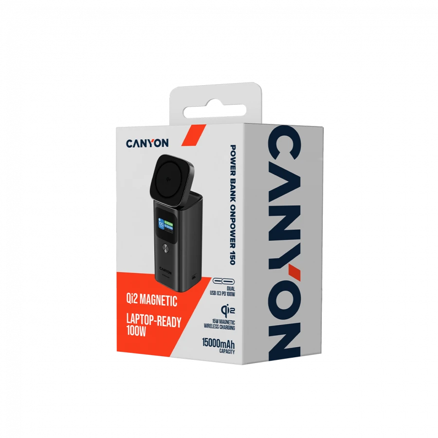CANYON Qi2 magnetic power bank OnPower 150 15000mAh Aliuminio Dark pilkas