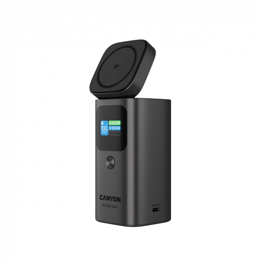 CANYON Qi2 magnetic power bank OnPower 150 15000mAh Aliuminio Dark pilkas