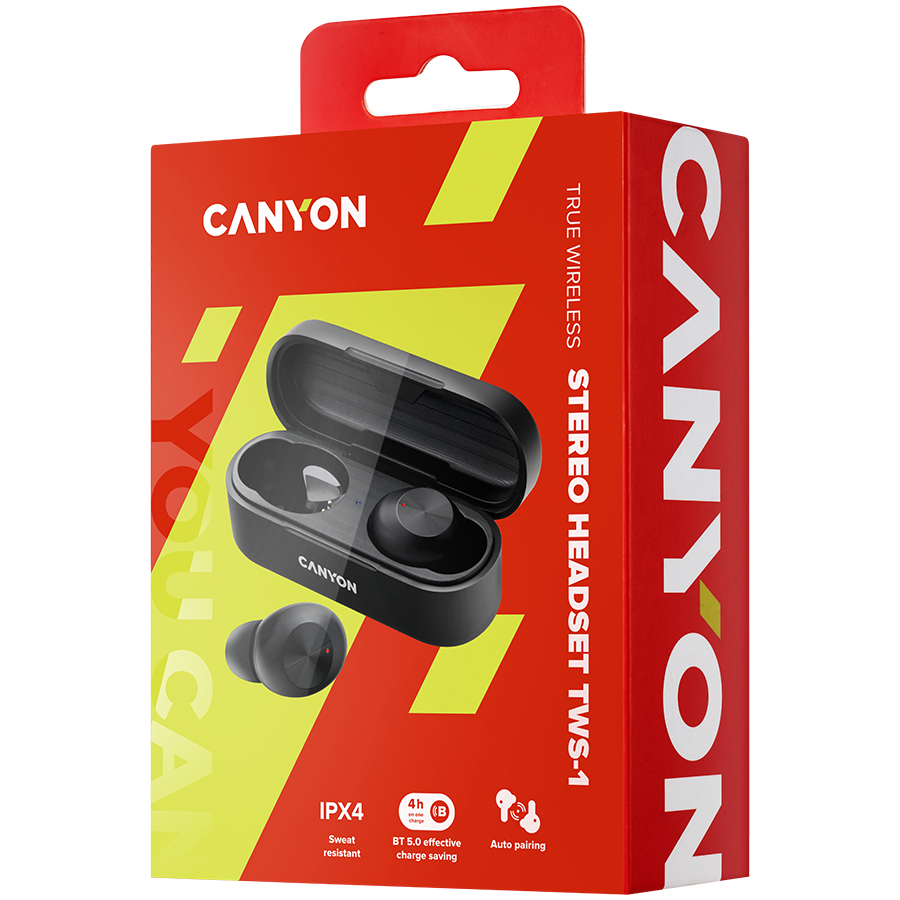 True Wireless ausinės aktyviam gyvenimo būdui Canyon TWS-1, Bluetooth 5.0, IPX4, Juodos