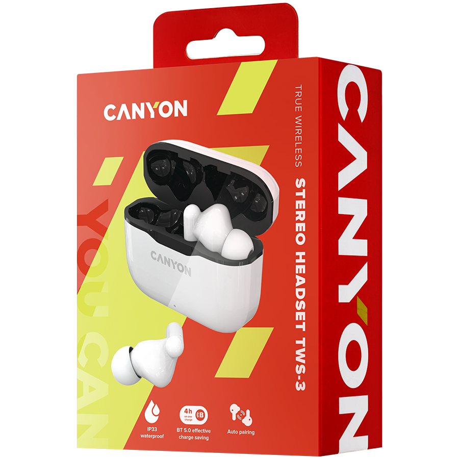 Belaidės ausinės Canyon TWS-3, Baltos/Juodos spalvos