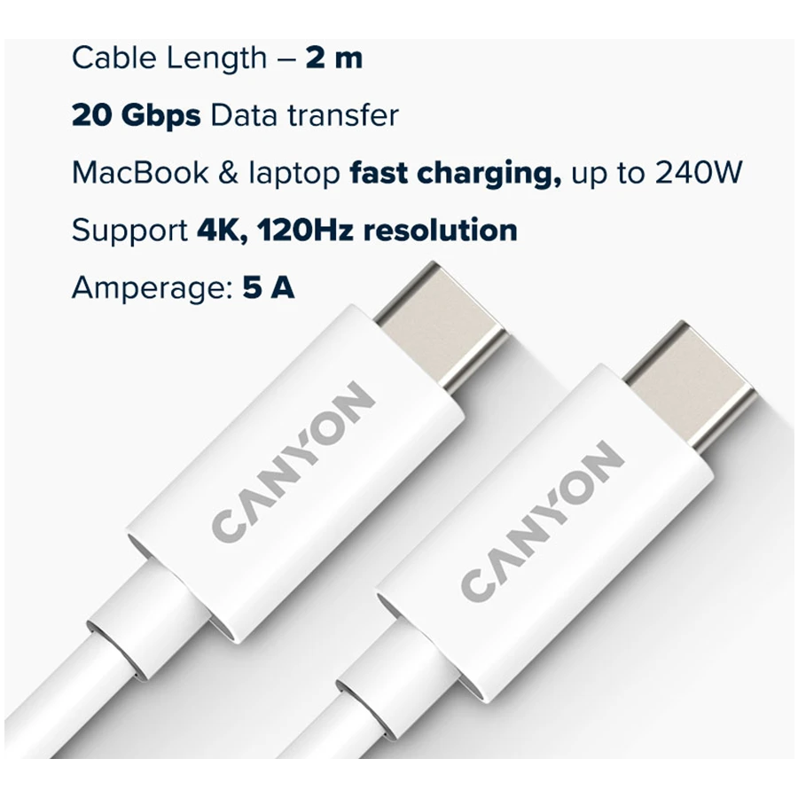 CANYON laidas UC-42 USB-C į USB-C 240W 20Gbps 4k 2m Baltas