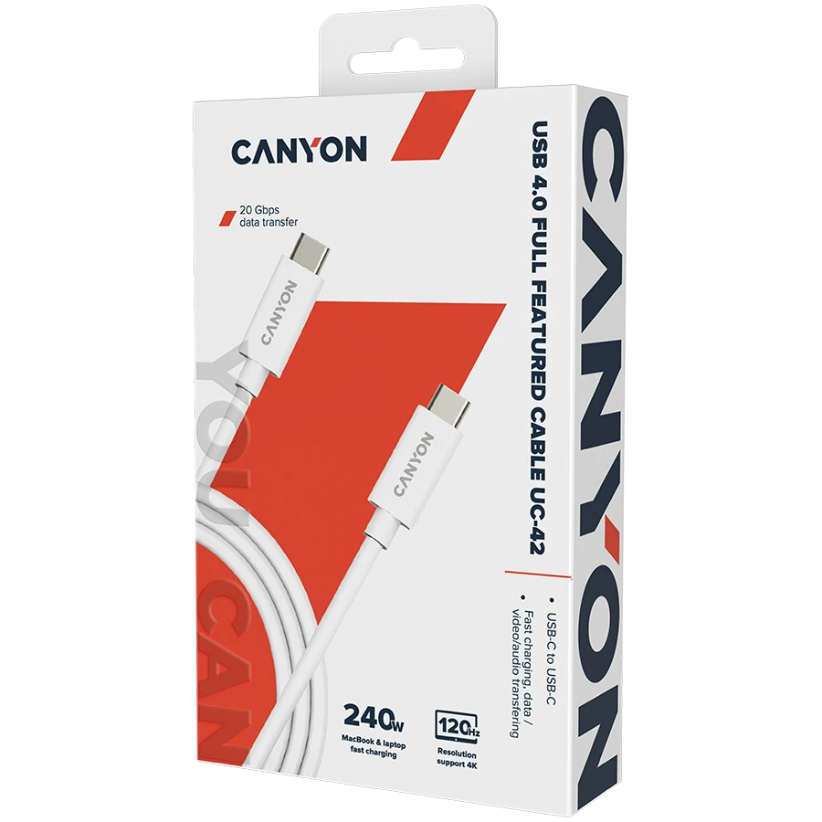 CANYON laidas UC-42 USB-C į USB-C 240W 20Gbps 4k 2m Baltas