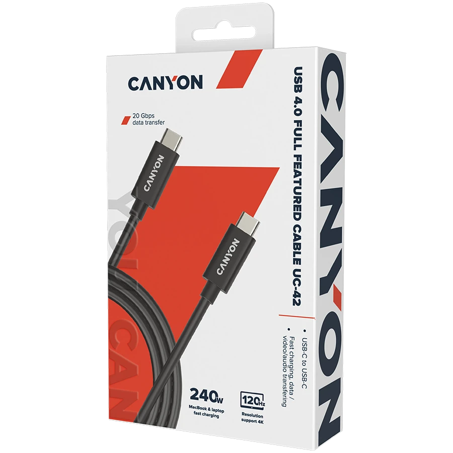 CANYON laidas UC-42 USB-C į USB-C 240W 20Gbps 4k 2m Juodas