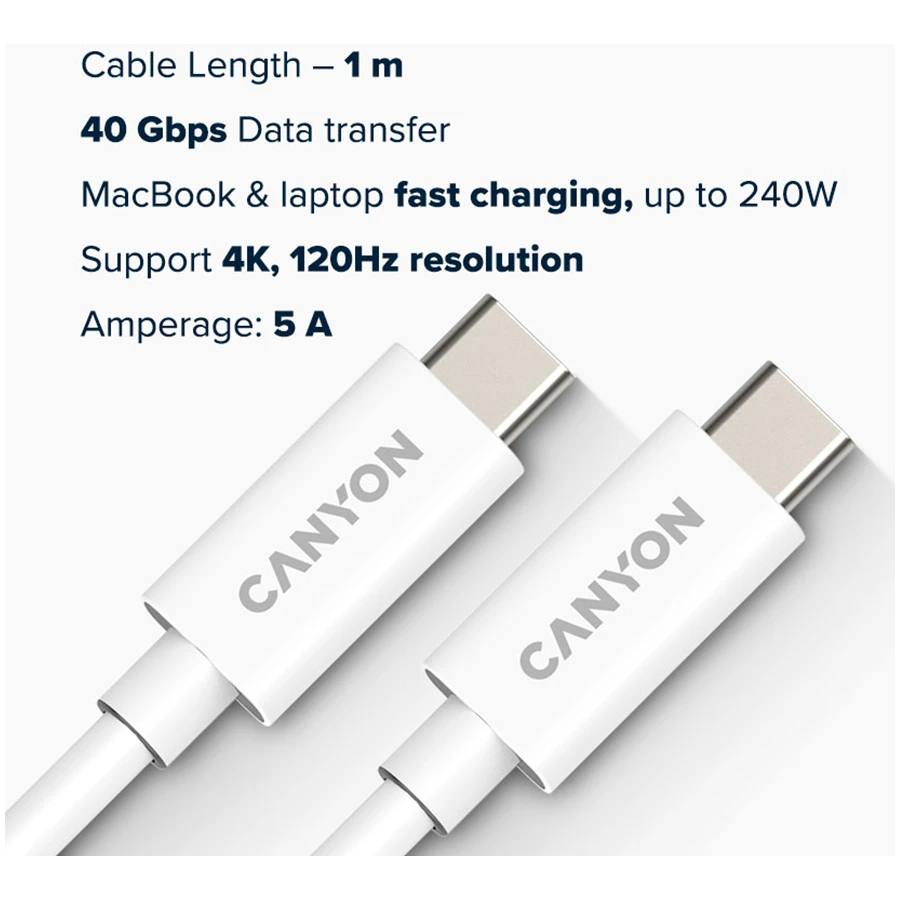 CANYON UC-44, kabelis, U4-CC-5A1M-E, USB4 TYPE-C į TYPE-C kabelių rinkinys 40G 1m 5A 240W(ERP) su E-MARK, CE, ROHS, baltas