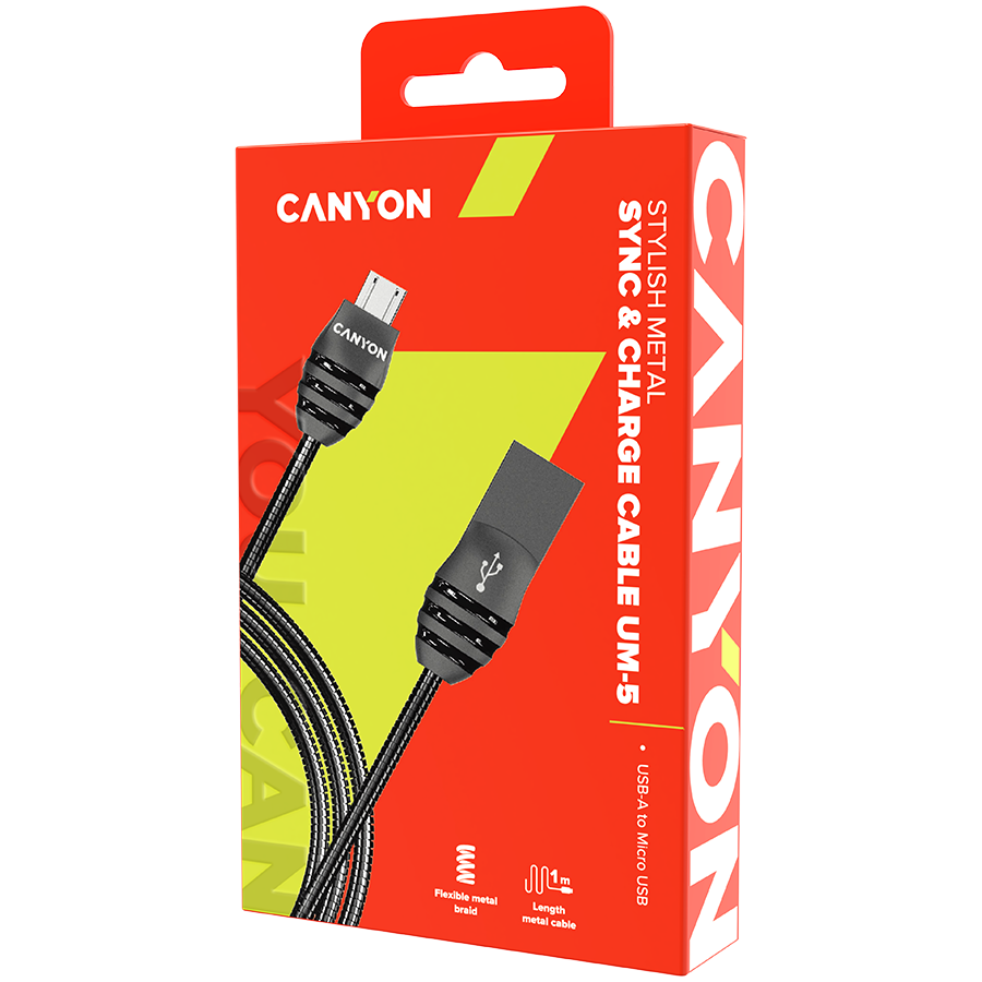 CANYON laidas UM-5 MicroUSB 10W 1m Dark Pilkas