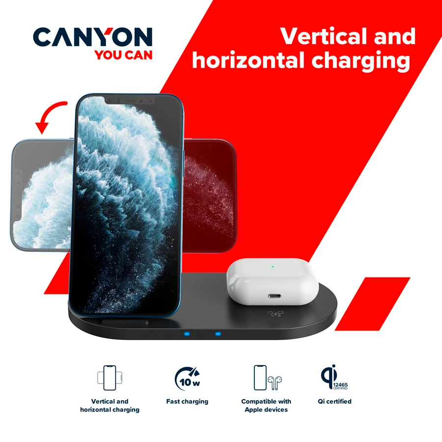 CANYON belaidis įkroviklis WS-202 10W 2in1 Juodas