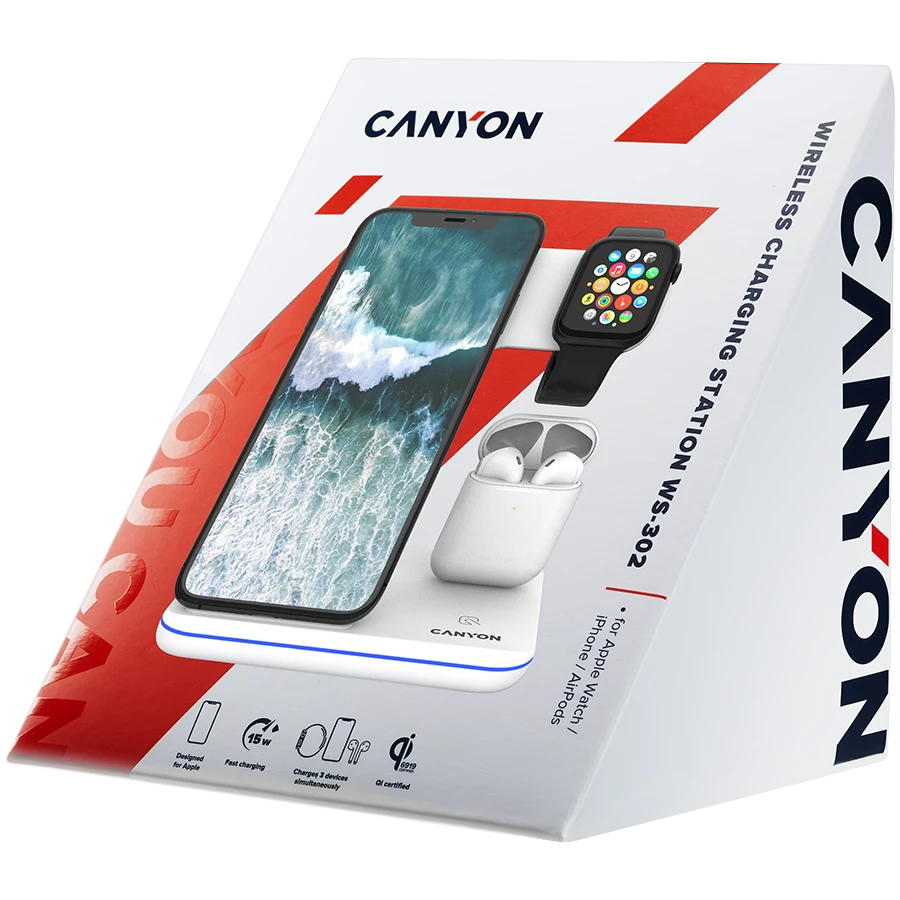 Universalus Belaidis įkroviklis Canyon 3in1 Wireless Charger WS-302, tinka vienu metu įkrauti Apple Watch, iPhone ir Airpods