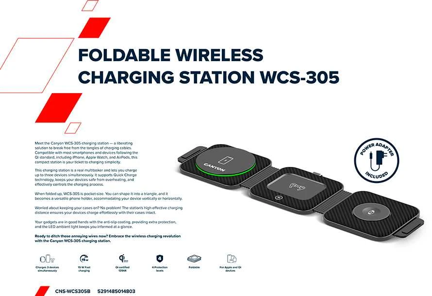 CANYON belaidis įkroviklis WS-305 15W 3in1 Sulankstomas juodas