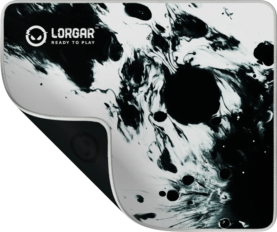 full print baltas and juodas design, bottom is juodas rubber with embossed LORGAR logo with double side edge stitching