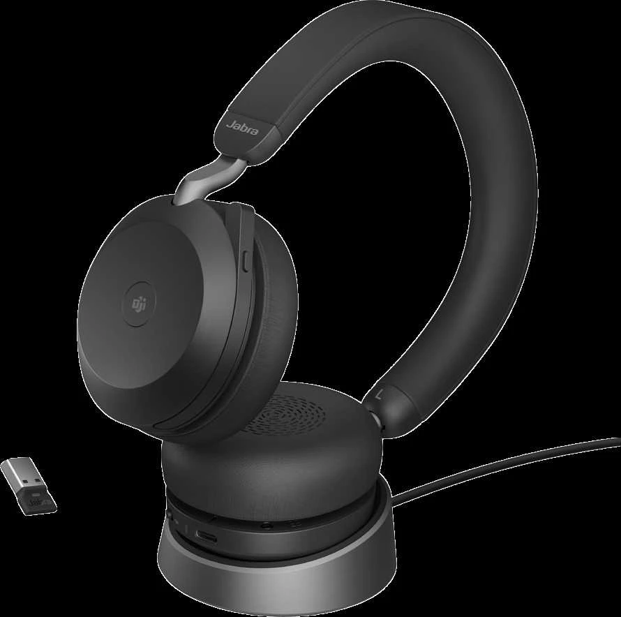 JABRA Evolve2 75 Ausinės on-ear Bluetooth belaidės aktyvus triukšmo slopinimas USB-A noise isolating juodas su charging stand MS Te
