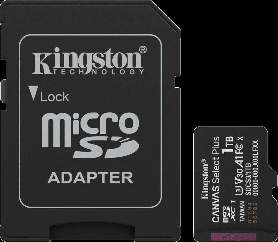 Atminties kortelė „Kingston Technology 1TB Micro SDXC Canvas Select Plus Gen3 150MB/s A1“ kortelė + adapteris