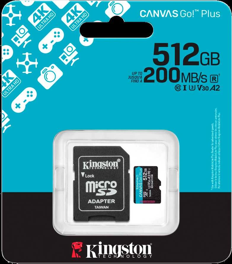 Atminties kortelė „Kingston Technology“ 512 GB „Micro SDXC Canvas Go Plus Gen4“ 200 MB/s A2 U3 V30 kortelė + adapteris