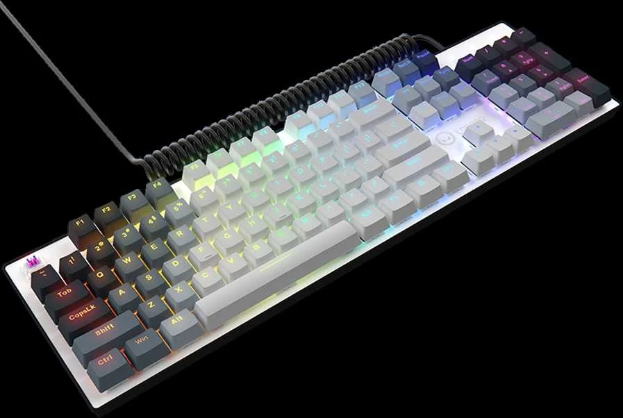 LORGAR Azar 514, Laidinė mechaninė žaidimų klaviatūra, RGB apšvietimas, 1680000 spalvų variacijų, 18 režimų, mygtukų skaičius: 104, 50M paspaudimų, linijiniai sapnų jungikliai, spyruoklinis kabelis iki 3,4m, ABS plastikas+metalas, magnetinis dangtelis, 450*136*39mm, išdėstymas baltas 1.17mm