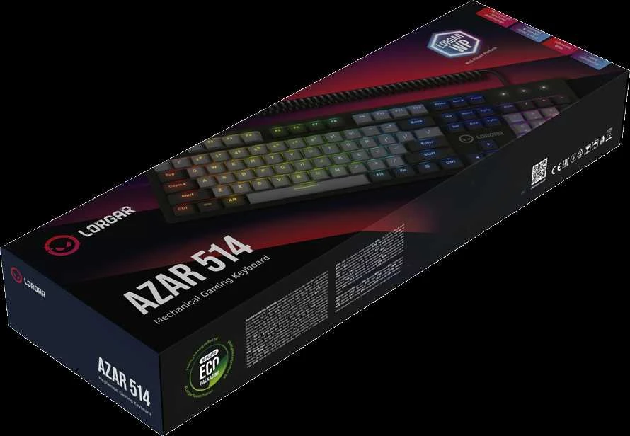 LORGAR Azar 514, Laidinė mechaninė žaidimų klaviatūra, RGB foninis apšvietimas, 1680000 spalvų variacijų, 18 režimų, klavišų skaičius: 104, 50 mln. paspaudimų, linijiniai „dream“ jungikliai, 3,4 m ilgio spyruoklinis laidas, ABS plastikas+metalas, magnetinis dangtelis, 450*136*39 mm, 1,17 kg, juodas, EN išdėstymas