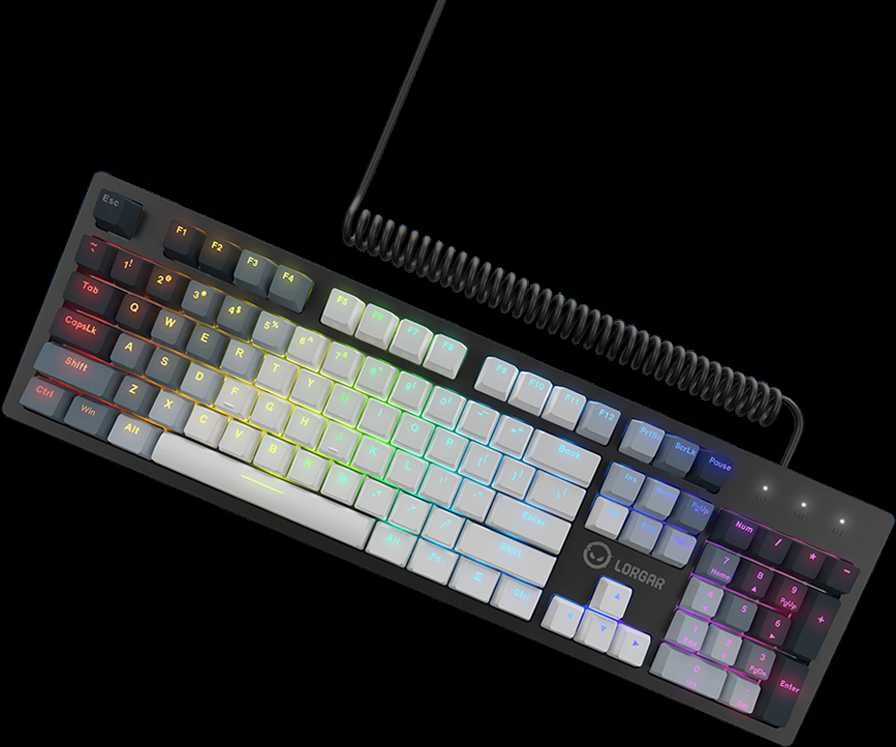 LORGAR Azar 514, Laidinė mechaninė žaidimų klaviatūra, RGB apšvietimas, 1680000 spalvų variacijų, 18 režimų, mygtukų skaičius: 104, 50M paspaudimų, linijiniai sapnų jungikliai, spyruoklinis kabelis iki 3,4m, ABS plastikas+metalas, magnetinis dangtelis, 450*136*39mm, išdėstymas baltas 1.17mm