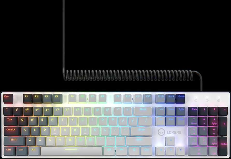 LORGAR Azar 514, Laidinė mechaninė žaidimų klaviatūra, RGB apšvietimas, 1680000 spalvų variacijų, 18 režimų, mygtukų skaičius: 104, 50M paspaudimų, linijiniai sapnų jungikliai, spyruoklinis kabelis iki 3,4m, ABS plastikas+metalas, magnetinis dangtelis, 450*136*39mm, išdėstymas baltas 1.17mm
