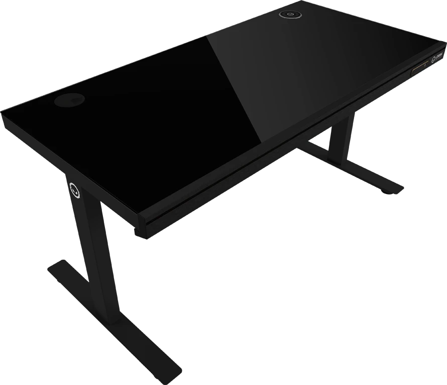 Lorgar Dviejų variklių reguliuojamo aukščio žaidimų stalas su sėdima/stovima funkcija, belaidžiu įkrovikliu, RGB apšvietimu, valdymo pultu ir USB jungtimis, tvirtu grūdinto stiklo stalviršiu, juodas.