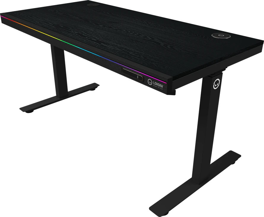 Lorgar Dviejų variklių reguliuojamo aukščio žaidimų stalas su sėdima/stovima funkcija, belaidžiu įkrovikliu, RGB apšvietimu, valdymo pultu ir USB jungtimis, PB melamino stalviršis, juodas.