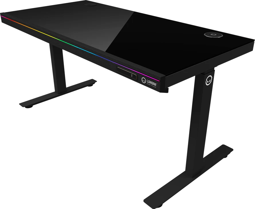 Lorgar Dviejų variklių reguliuojamo aukščio žaidimų stalas su sėdima/stovima funkcija, belaidžiu įkrovikliu, RGB apšvietimu, valdymo pultu ir USB jungtimis, tvirtu grūdinto stiklo stalviršiu, juodas.