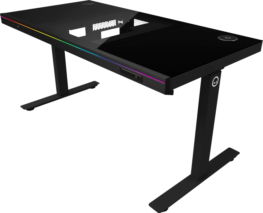 Lorgar Dviejų variklių reguliuojamo aukščio žaidimų stalas su sėdima/stovima funkcija, įmontuotu kompiuterio korpusu, belaidžiu įkrovikliu, RGB apšvietimu, valdymo pultu ir USB jungtimis, grūdinto stiklo stalviršiu, juodu.