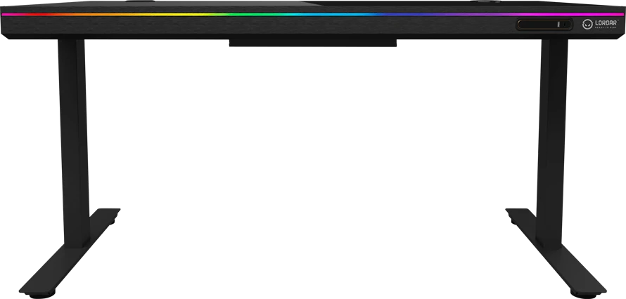 Lorgar Dviejų variklių reguliuojamo aukščio žaidimų stalas su sėdima/stovima funkcija, belaidžiu įkrovikliu, RGB apšvietimu, valdymo pultu ir USB jungtimis, tvirtu grūdinto stiklo stalviršiu, juodas.