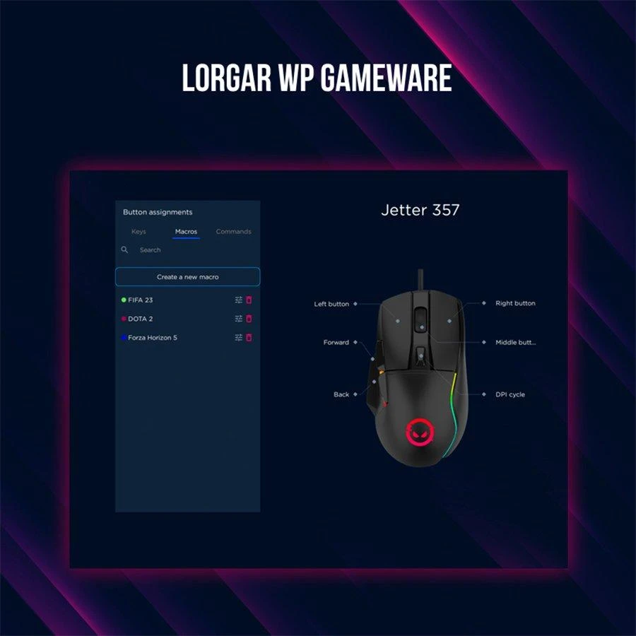LORGAR Jetter 357, žaidimų pelė, Optinis Pelė žaidimai su 6 programuojamais mygtukais, Pixart ATG4090 jutiklis, DPI gali būti iki 8000, 30 milijonų kartų rakto tarnavimo laikas, 1,8 m PVC USB laidas, Matt UV danga ir RGB lemputės su 4 LED tekėjimo režimu, dydis:124,65*41114.90*4114.90.