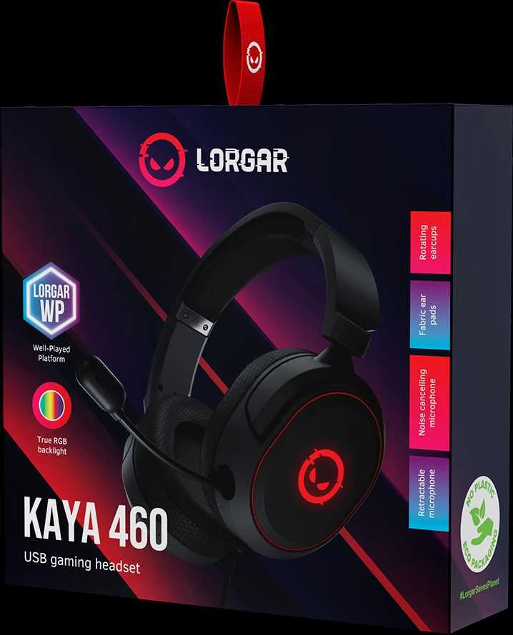 LORGAR Kaya 460, USB Žaidimų ausinės su mikrofonu, CM108B, RGB apšvietimas, Plug&Play, USB-A jungties laidas 2m, medžiaginiai ausų pagalvėlės, dydis: 192*184.7*88mm, 0.329kg, juodas