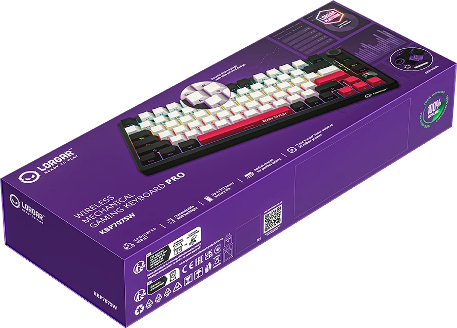 LORGAR KBP7075W, Wireless 75% Mechaninė klaviatūra žaidimams Pro, Juodas/red, EN išdėstymas