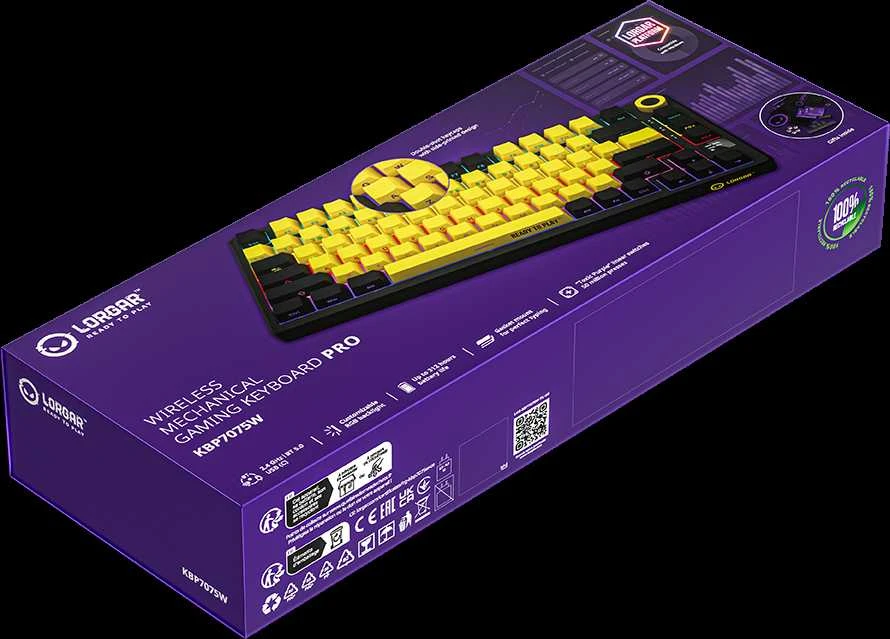 LORGAR KBP7075W, Wireless 75% Mechaninė klaviatūra žaidimams Pro, Juodas/geltona, EN išdėstymas