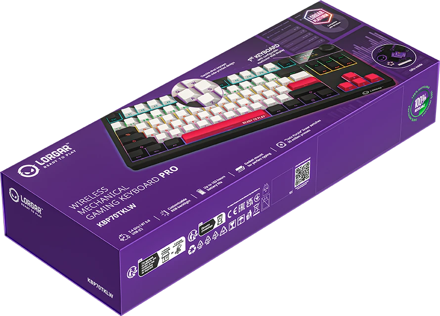 LORGAR KBP70TKLW, Wireless TKL Mechaninė klaviatūra žaidimams Pro, Juodas/red, EN išdėstymas