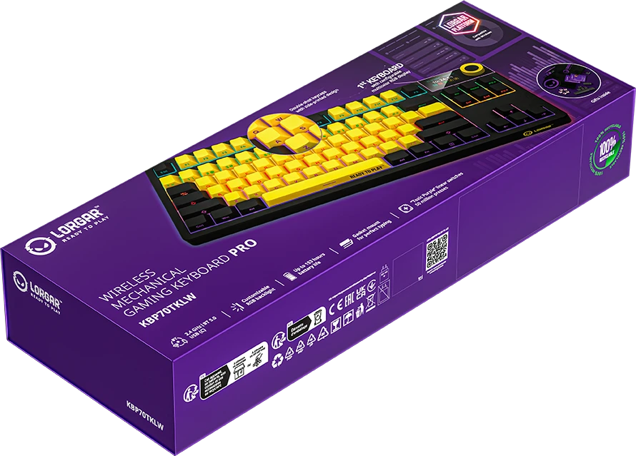 LORGAR KBP70TKLW, Wireless TKL Mechaninė klaviatūra žaidimams Pro, Juodas/geltona, EN išdėstymas