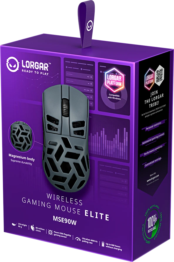 LORGAR MSE90W, Magnesium Alloy Belaidė pelė žaidimams Elite, Dark Pilkas