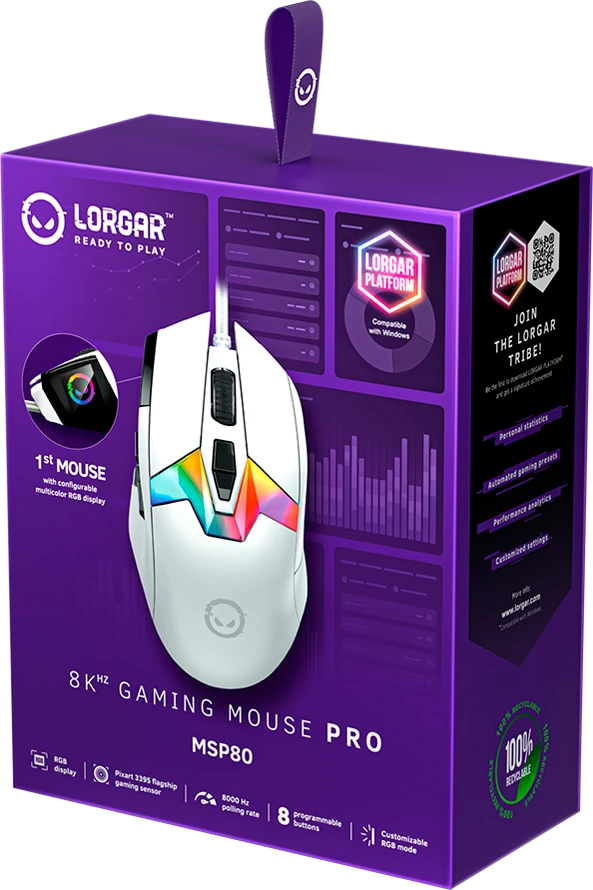 LORGAR MSP80, 8000 Hz Pelė žaidimams Pro, Baltas