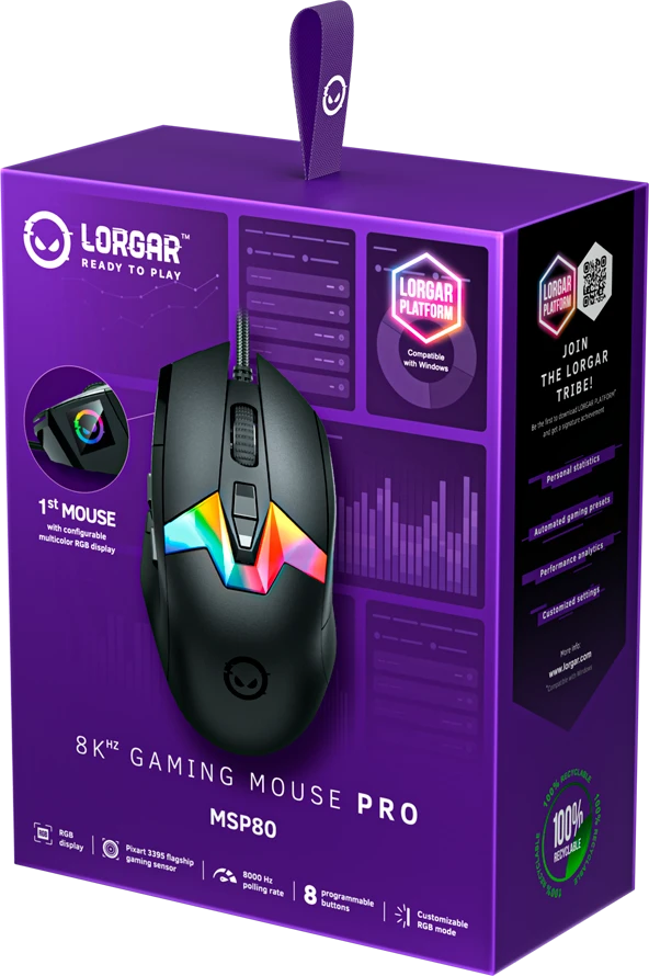 LORGAR MSP80, 8000 Hz Pelė žaidimams Pro, Juodas
