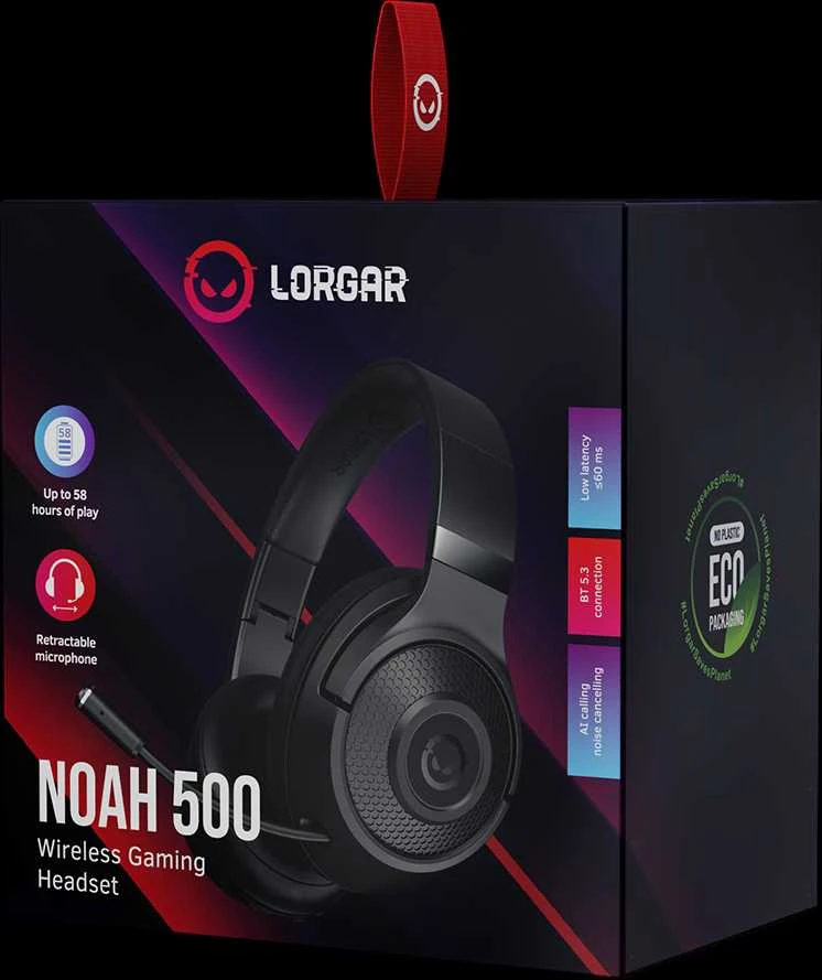 LORGAR Noah 500, Belaidės Žaidimų ausinės su mikrofonu, JL7006, BT 5.3, battery life iki 58 h (1000mAh), USB (C) charging kabelis (0.8m), 3.5 mm AUX kabelis (1.5m), size: 195*185*80mm, 0.24kg, juodas