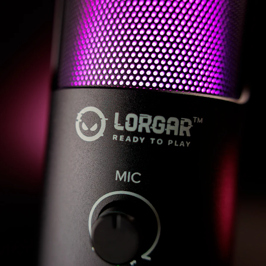 LORGAR SMP40, RGB mikrofonas su išoriniu nutildymo mygtuku ir metaliniu stovu, Juodas